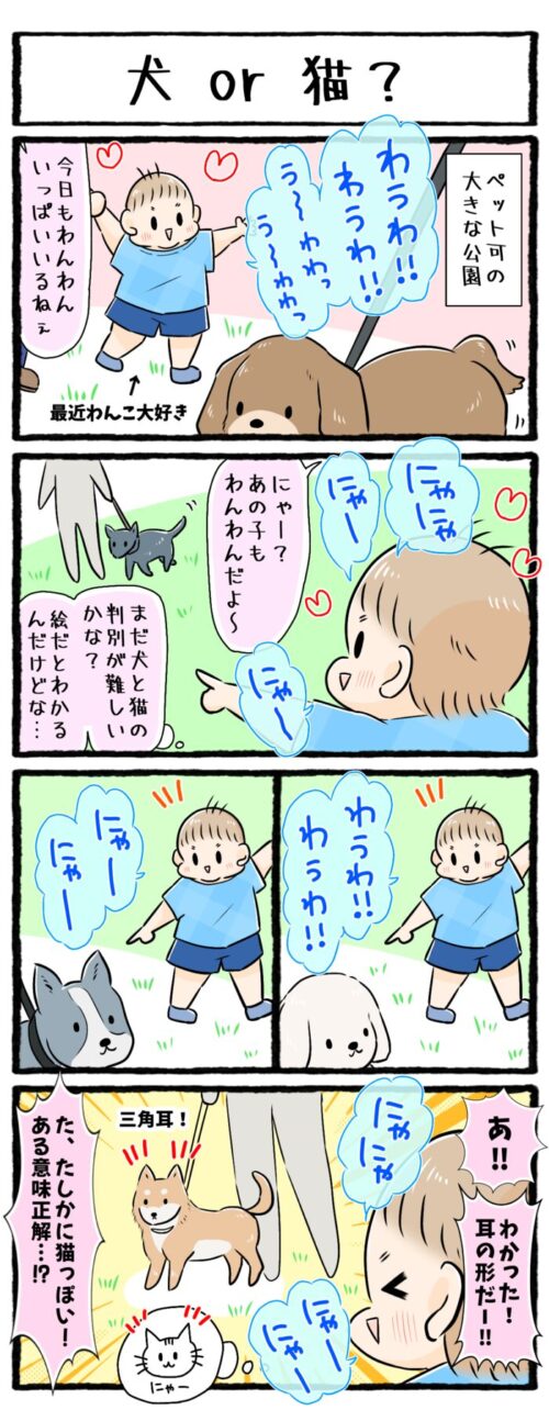 1歳男の子の育児4コマ漫画のイラスト。公園で散歩する犬たちを「わんわん」と言ったり「にゃんにゃん」と言ったりする息子。どうやら、耳の形が三角の犬は猫だと思っているようです。